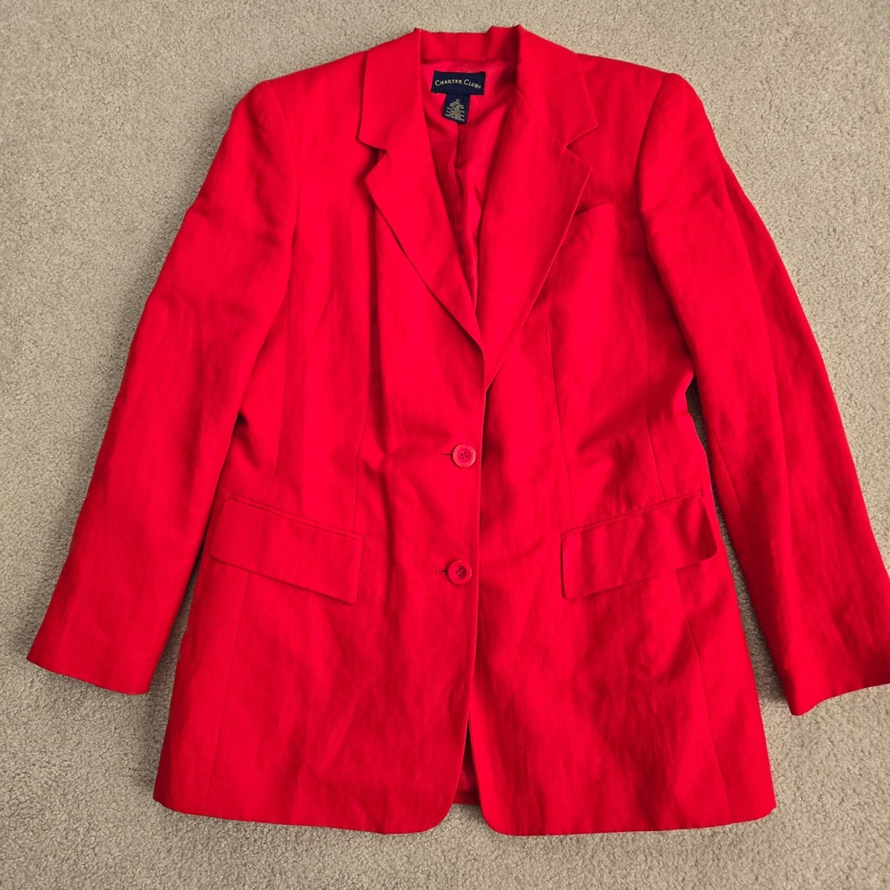 Charter Club Red Linen Blend Two Button Blazer Jacket Womens Size 12